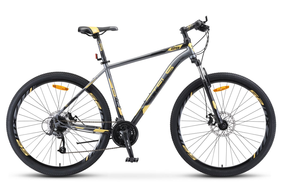 Велосипед 29 горный STELS Navigator 910 MD (2020) количество скоростей 24 рама сталь 16,5 Черный, золотой