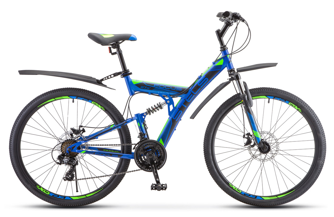 Велосипед 27,5 горный STELS Focus MD 21-sp количество скоростей 21 рама сталь 19 неоновый синий, зеленый