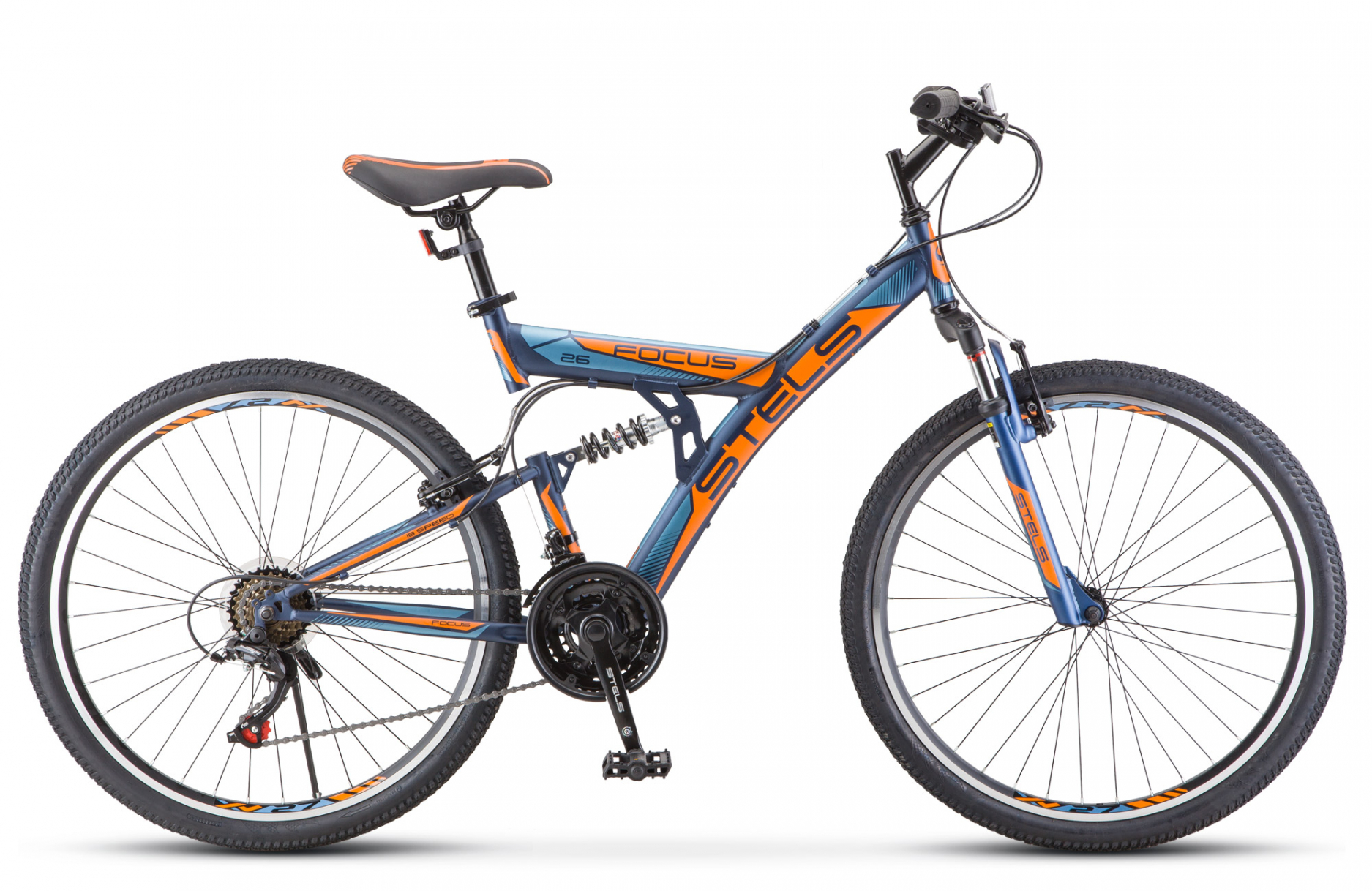 Велосипед 26 горный STELS Focus V (2020) кол скор 18 рама сталь 18 темно синий, оранжевый