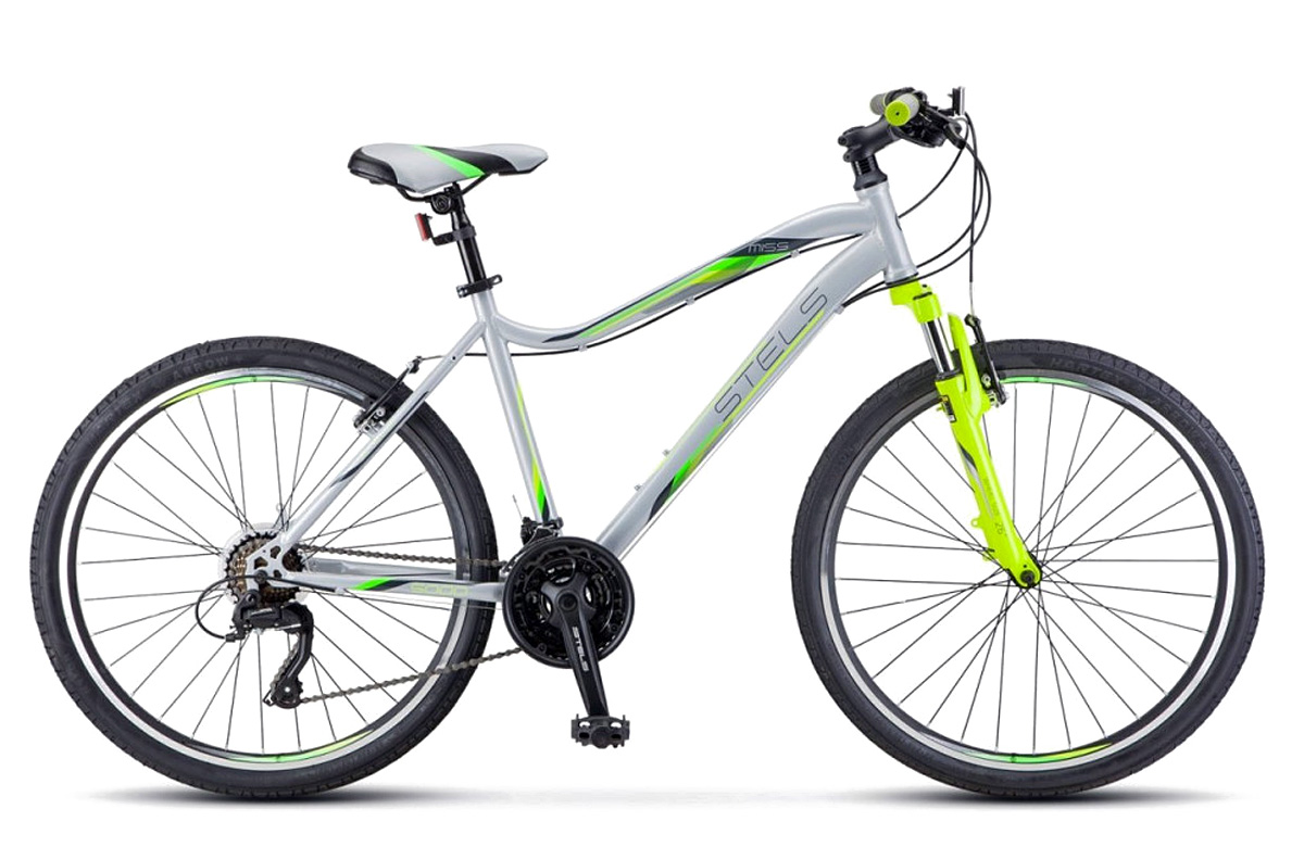 Велосипед 26 горный STELS Miss 5000 V (2022) количество скоростей 21 рама сталь 16 серебристый, салатовый